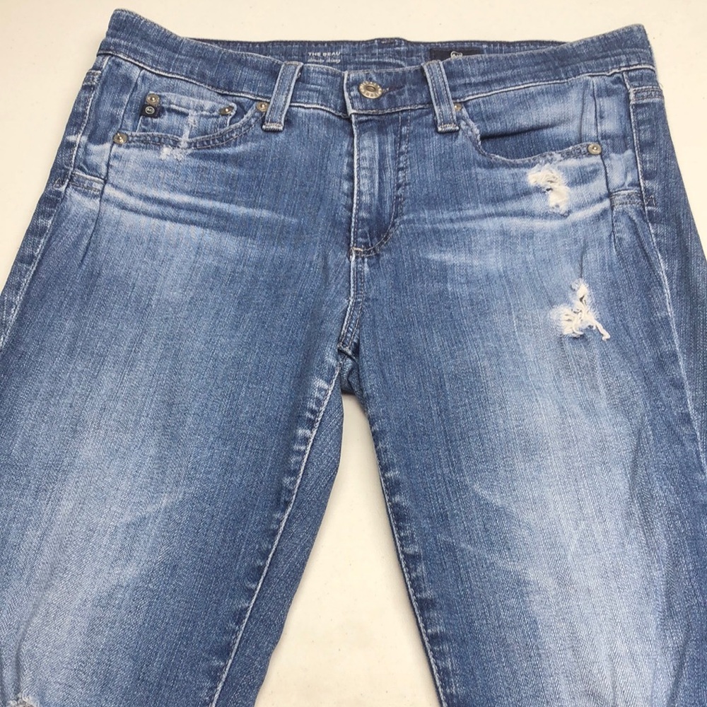 Ag Adriano Goldschmied Skinny Blue Jeans with Distressed Detailing